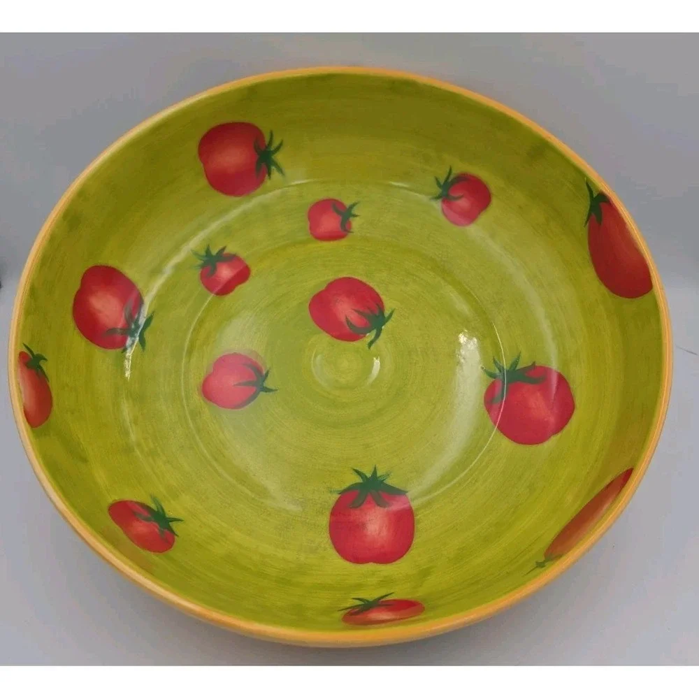 Foreside Large Ceramic Serving Bowl Green Red Tomato Hand Painted Pottery 12.5in